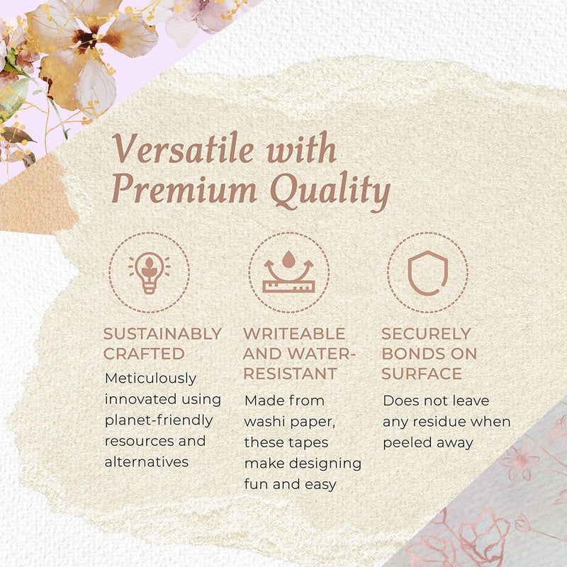 Serenity Fair Gold foil washi Tapes with Flowers, Leaves. Extra Long 10 metre / 33 feet Tape Rolls - Image 3